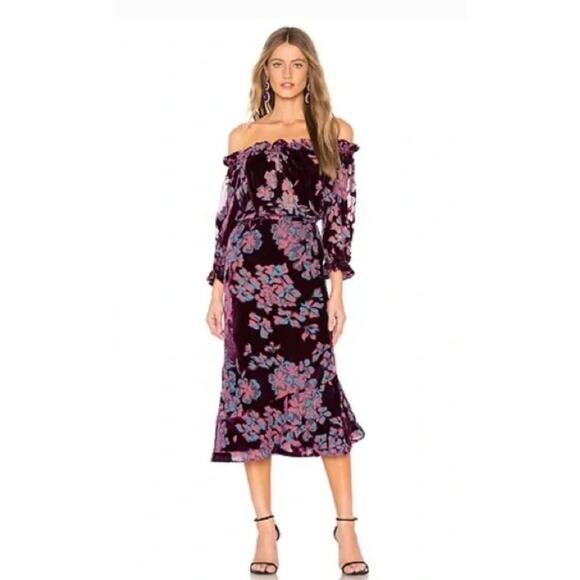 SALONI Sz 2 US 6 UK Plum Purple Floral Grace Off The Shoulder Dress - Picture 1 of 10